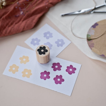 Botanical stamp printed on white tags using VersaCraft Burgundy, Maize, and Pale Lilac ink pads for a vibrant, detailed look.