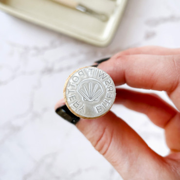 Minimalist shell stamp with custom text for pottery and handmade soaps