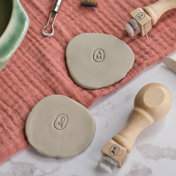 Personalized monogram stamp to sign pottery with 1 or 2 initials in vertical oval design