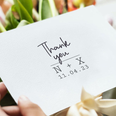Personalized thank you stamp with initials and date, perfect for wedding favors and guest gift tags