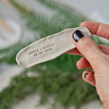 Custom ceramic and soap stamp with two names and date, minimalist typewriter style for weddings or events