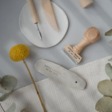 Personalized pottery stamp with names and date, minimalist typewriter design for handmade gifts