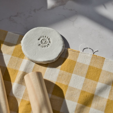 Custom ceramic signature stamp with smiley and name, ideal for clay artists, beginners and hobby potters
