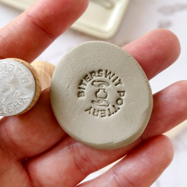 Custom pottery maker mark stamp with mini vase and hands icon, personalized name stamp for clay, ceramics or soap