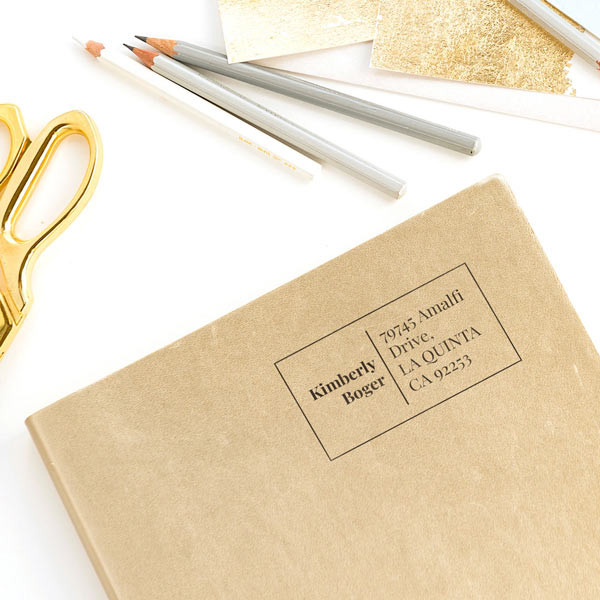 Personalized minimal address stamp rectangular design with sender name and address, perfect for modern weddings