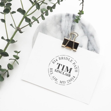 Personalized round vintage address stamp inspired by old postal seals for weddings and snail mail