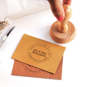 Custom round address stamp inspired by antique postal markings and vintage mail