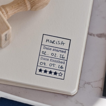 Book rating stamp con 5 estrellas y fechas – Sello para registrar lecturas, book journal, biblioteca personal y regalo lector
