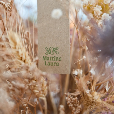 Custom name stamp for rustic wedding, minimalist leaf design for tags and packaging