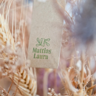 Custom couple name stamp with leaves, rustic elegant design for wedding details